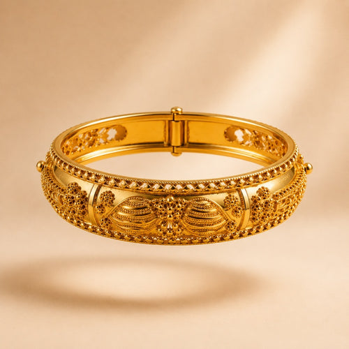 Ornate Gold Filigree Hinged Bangle | Vintage Moroccan Granulation Statement Bracelet