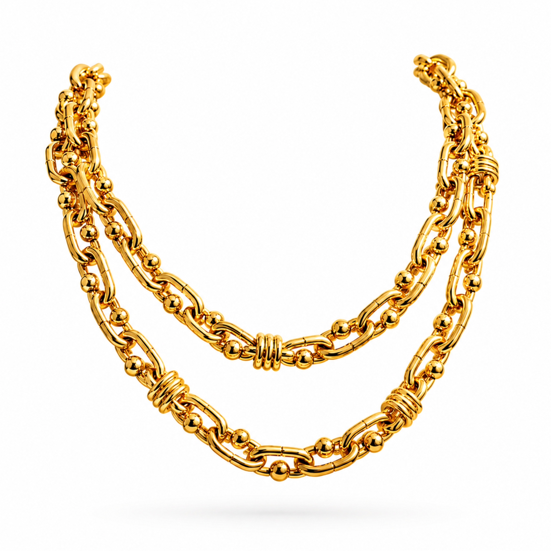 Chunky Gold Layered Chain Necklace | Double Strand Beaded Link Statement Choker