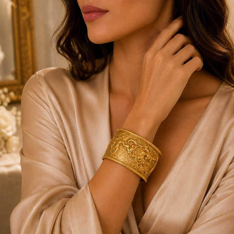 Hammered Gold Organic Vine Cuff Bracelet | Vintage Relief Statement Bangl