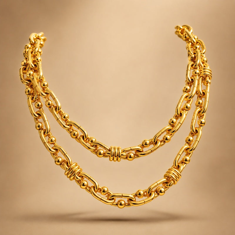 Chunky Gold Layered Chain Necklace | Double Strand Beaded Link Statement Choker