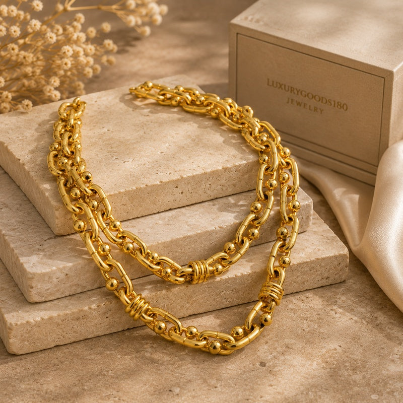 Chunky Gold Layered Chain Necklace | Double Strand Beaded Link Statement Choker