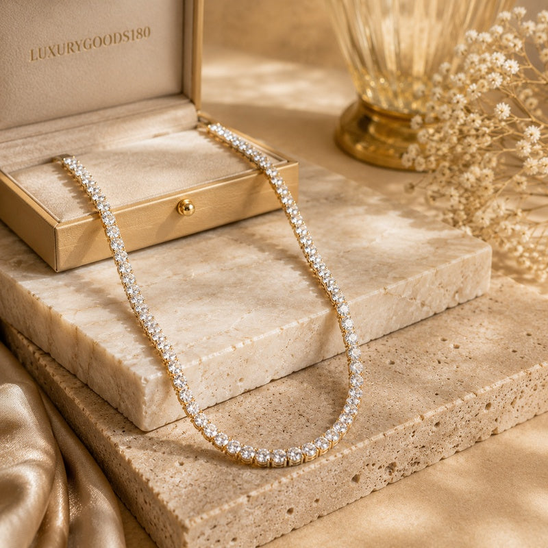 Classic Gold Diamond Tennis Necklace | Sparkling Cubic Zirconia Eternity Choker