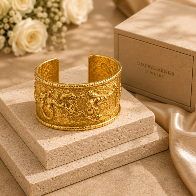 Hammered Gold Organic Vine Cuff Bracelet | Vintage Relief Statement Bangl