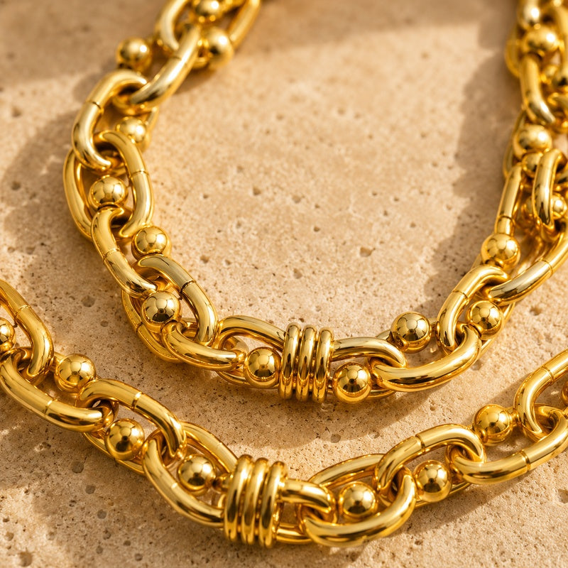Chunky Gold Layered Chain Necklace | Double Strand Beaded Link Statement Choker