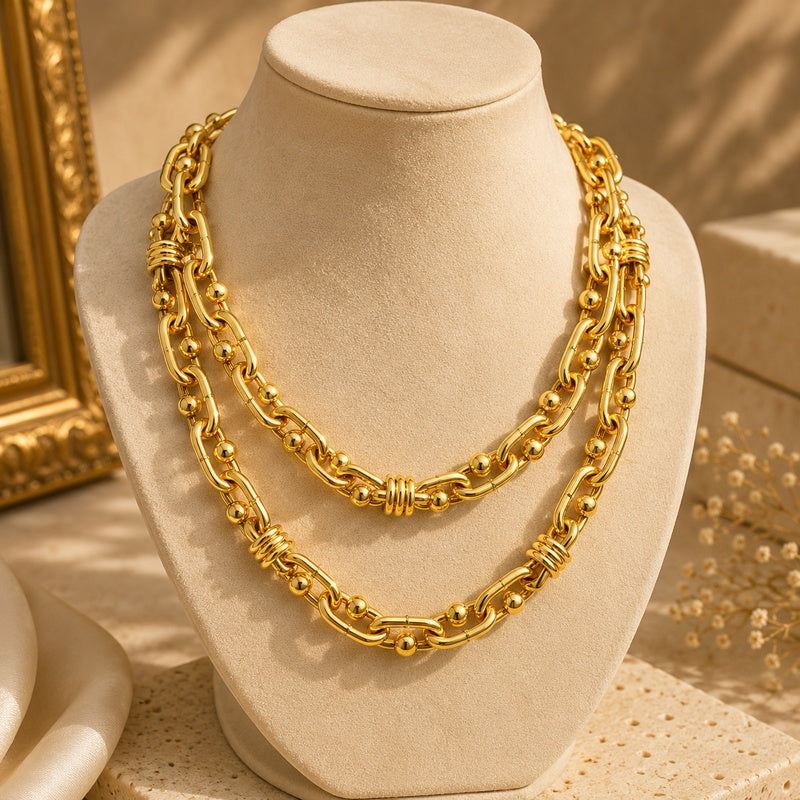 Chunky Gold Layered Chain Necklace | Double Strand Beaded Link Statement Choker
