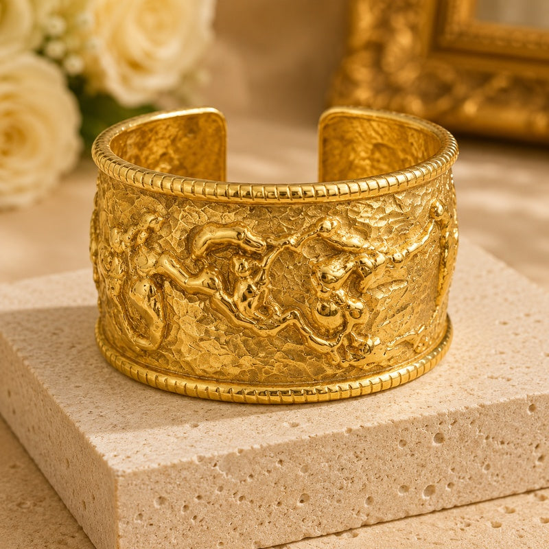 Hammered Gold Organic Vine Cuff Bracelet | Vintage Relief Statement Bangl