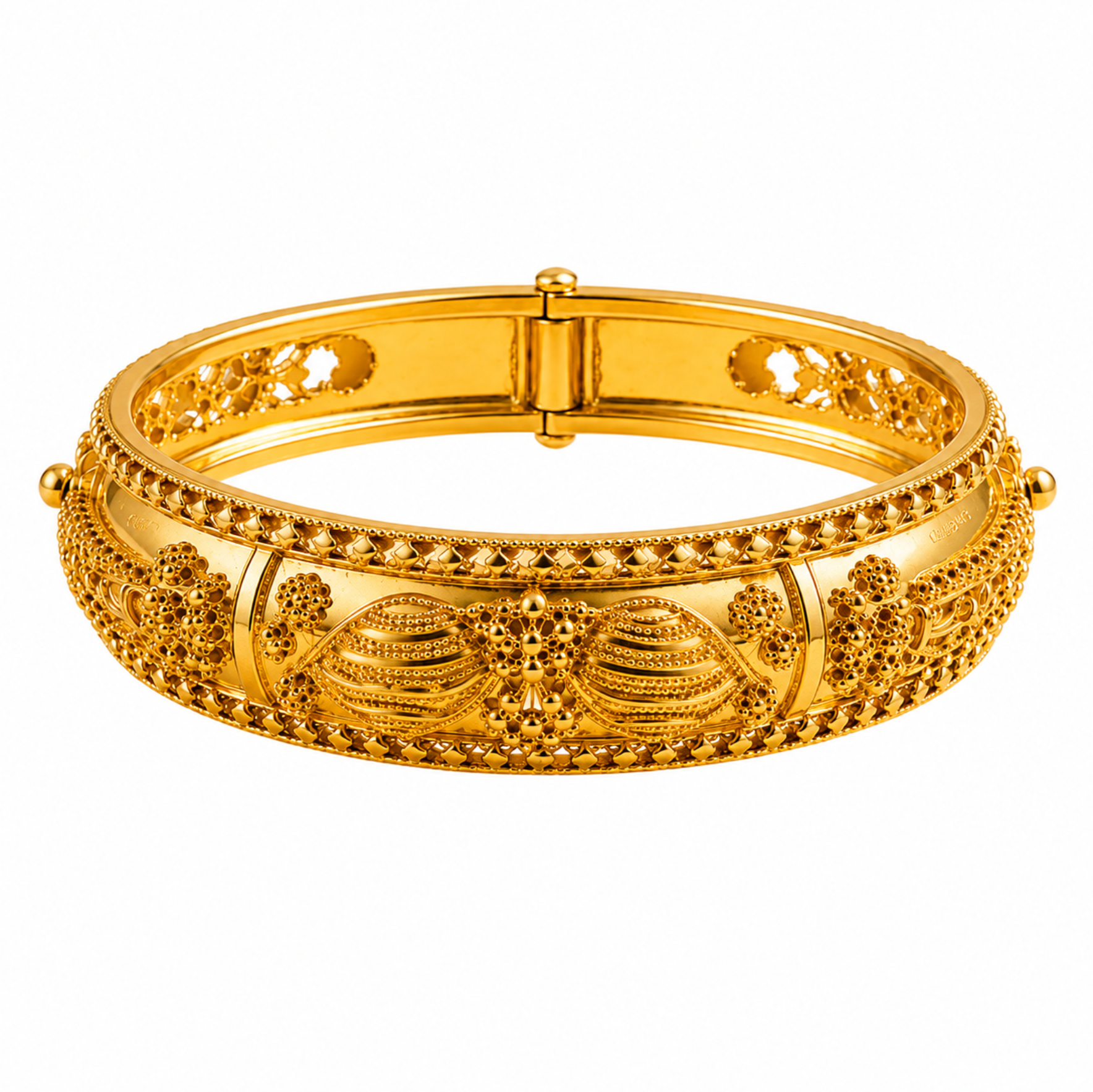 Ornate Gold Filigree Hinged Bangle | Vintage Moroccan Granulation Statement Bracelet