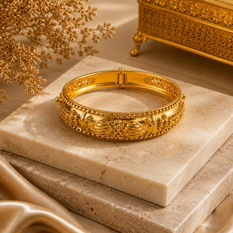 Ornate Gold Filigree Hinged Bangle | Vintage Moroccan Granulation Statement Bracelet