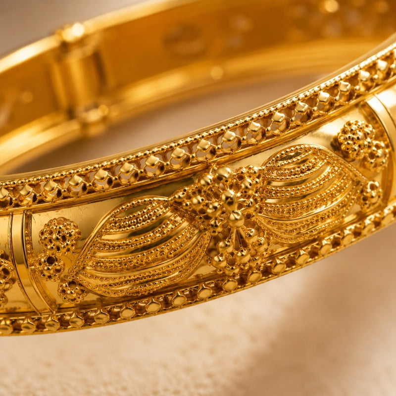 Ornate Gold Filigree Hinged Bangle | Vintage Moroccan Granulation Statement Bracelet