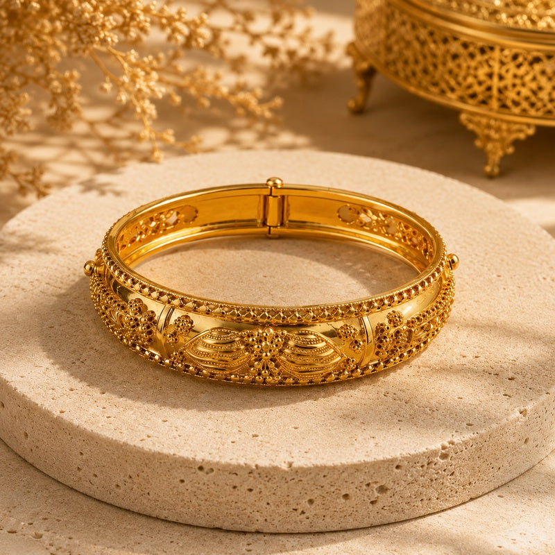 Ornate Gold Filigree Hinged Bangle | Vintage Moroccan Granulation Statement Bracelet