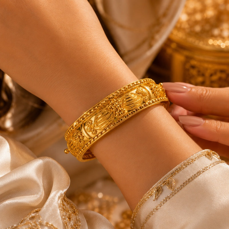 Ornate Gold Filigree Hinged Bangle | Vintage Moroccan Granulation Statement Bracelet